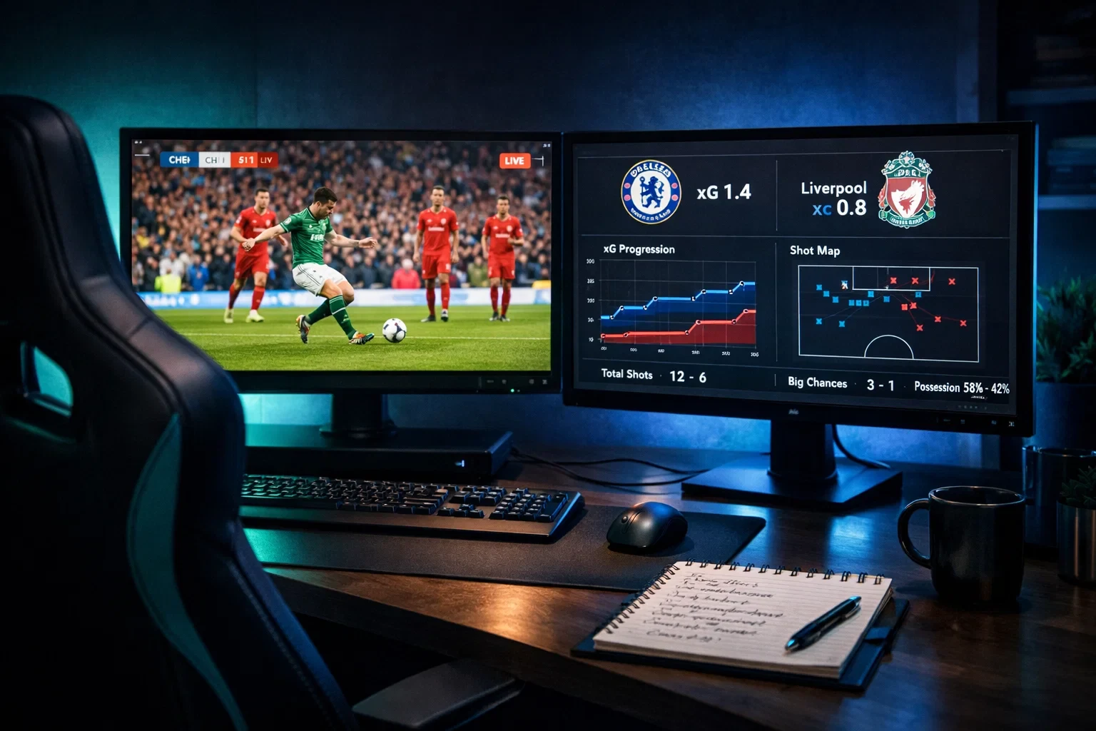 Setup de análise desportiva com dois monitores mostrando jogo ao vivo e estatísticas de expected goals